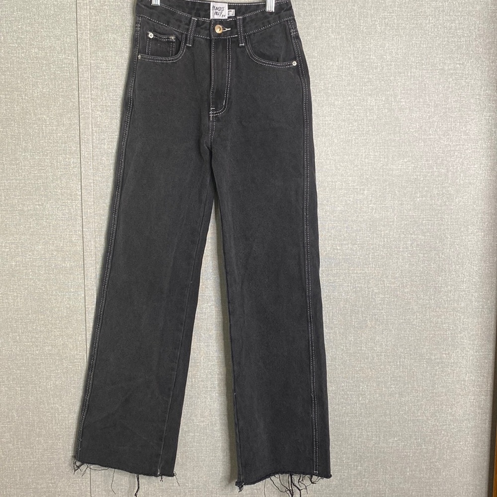 Princess Polly Black High Rise Wide Leg Raw Hem Jeans with White Top Stitching